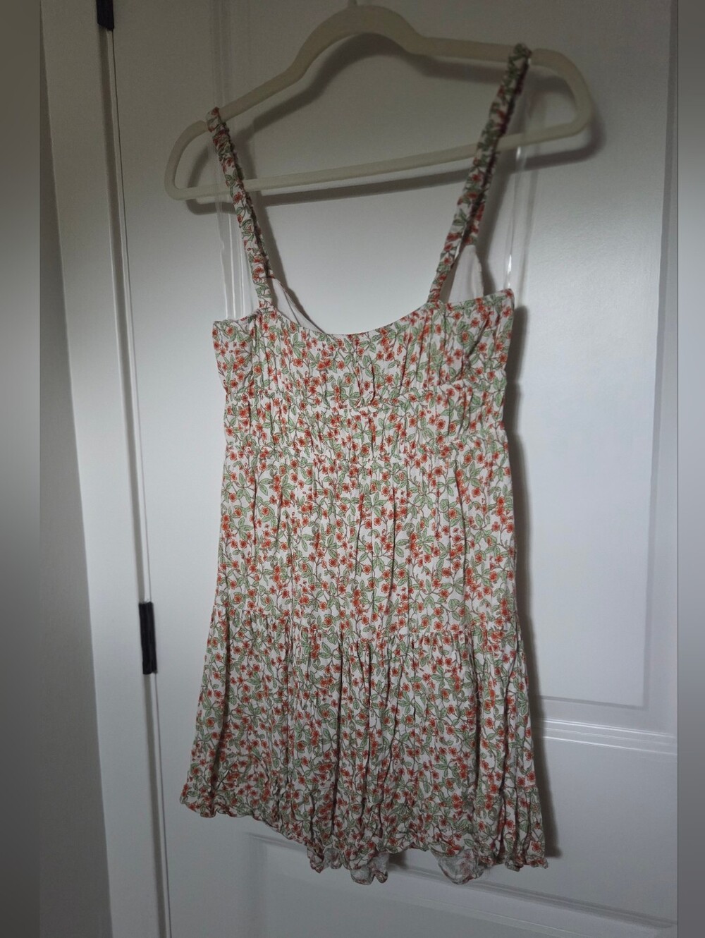 Floral Smocked White Mini Dress with Orange & Green Print